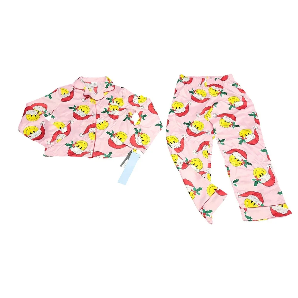 Girls 2pc Satin Long Sleeve Button Up Pajama Set - art class Pink Size Medium 8